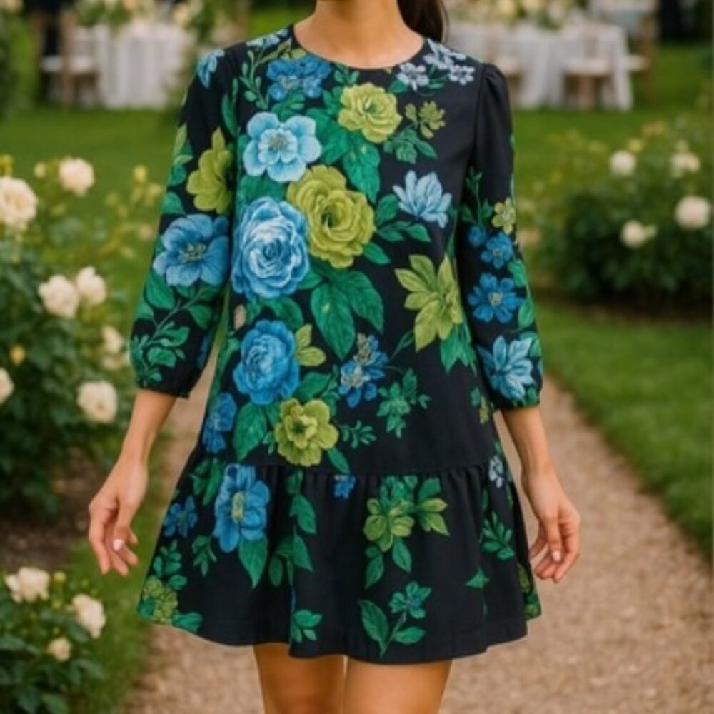 Tuckernuck Black Mini Dress with Blue and Green Floral Print